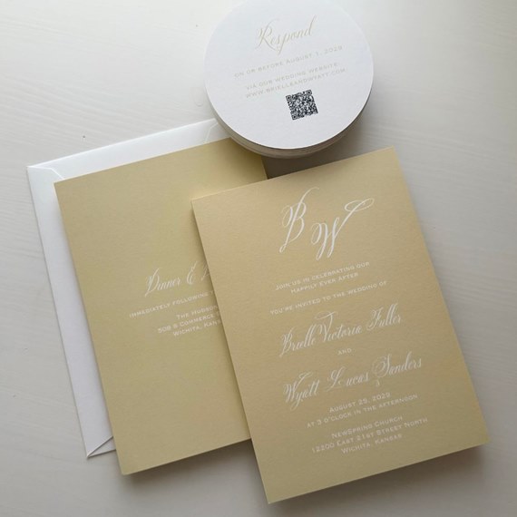 two yellow invitations with white text, RSVP card