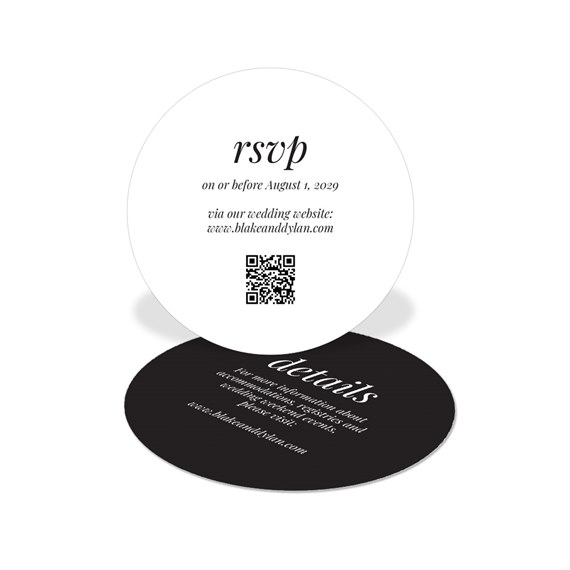 circular rsvp card with white and black design, photo placeholder