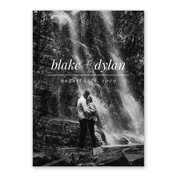photo placeholder with couple, customizable text area for names and date