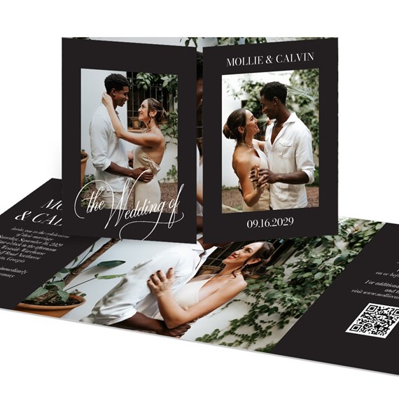 black wedding invitation with photo placeholders and text