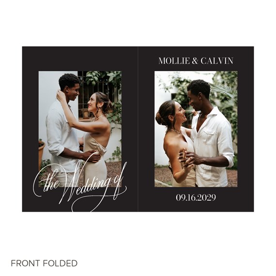 black invitation card with photo placeholders and text areas