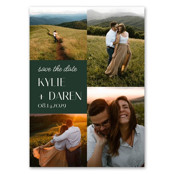 save the date magnet with photo placeholders and dark green text area