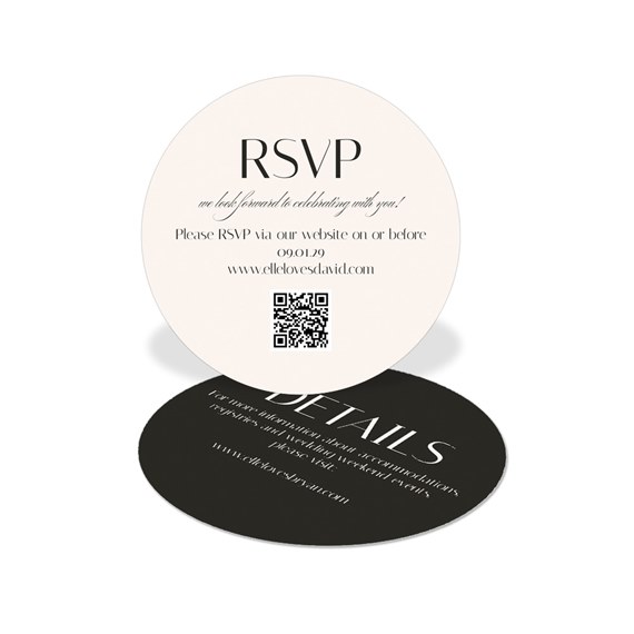 circular RSVP card with cream and black design