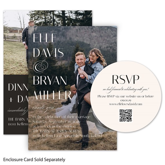 wedding invitation and RSVP card with dark and light backgrounds