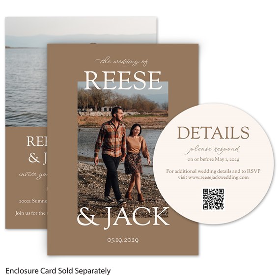 wedding invitation with stacked text and photo area, details card