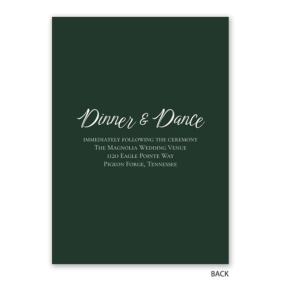 dark green invitation with white text for dinner and dance event