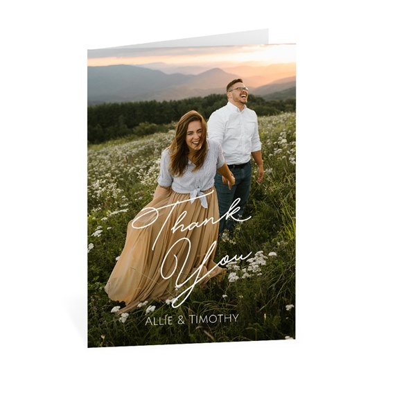 thank you card with script text and photo area