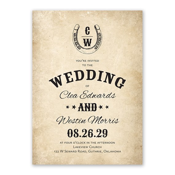 wedding invitation with rustic design and horseshoe