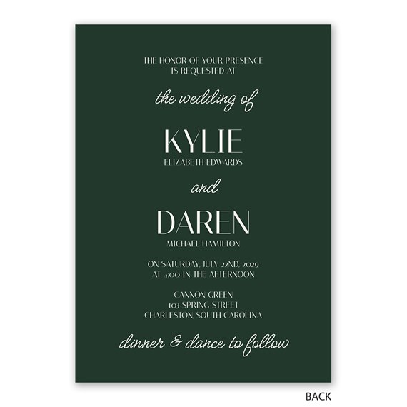 dark green wedding invitation with white text