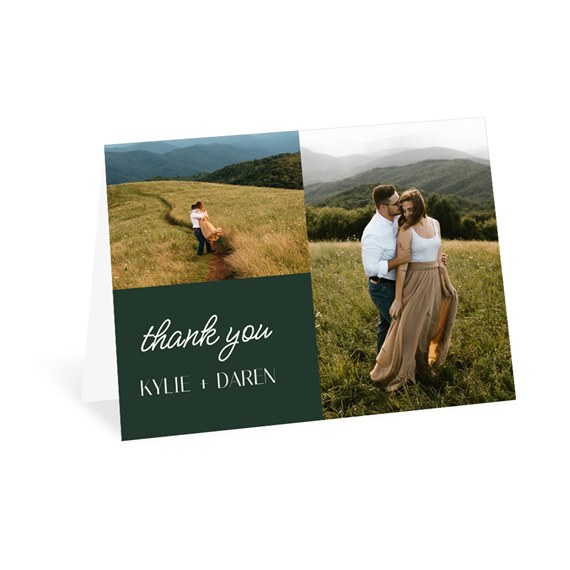 thank you card with photo placeholders and dark green text area