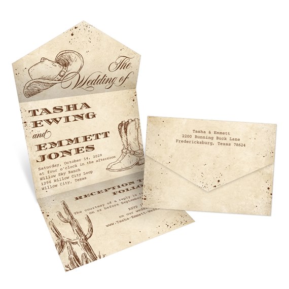 western-themed wedding invitation with cowboy hat and boots illustration