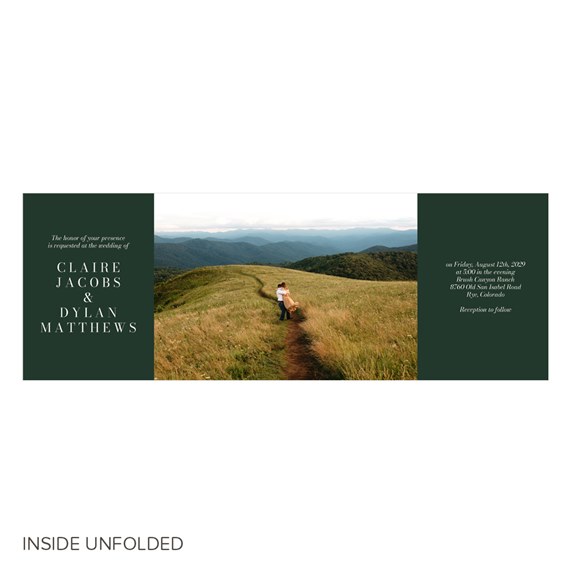 wedding invitation with scenic background and dark green text area