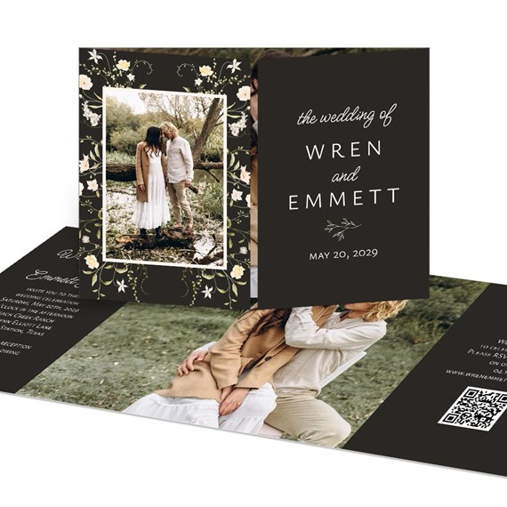 black wedding invitation with floral border and photo placeholder