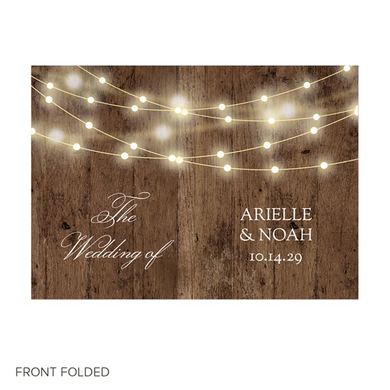 invitation with wooden background and string lights, photo area