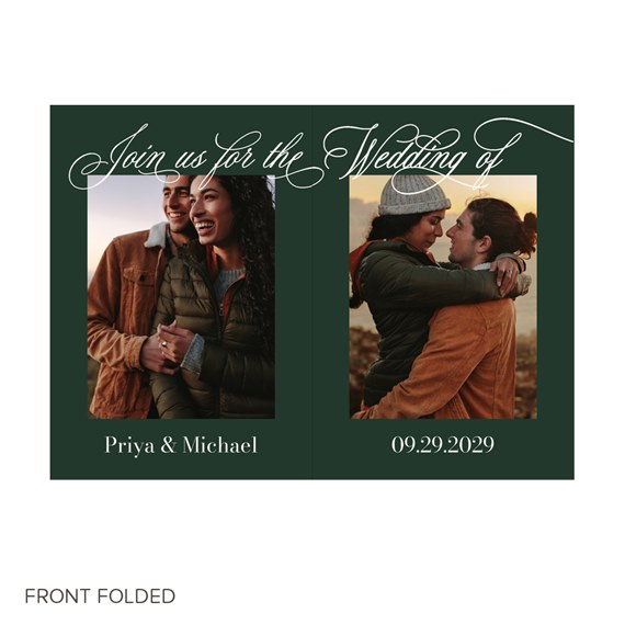 green wedding invitation with photo placeholders and text