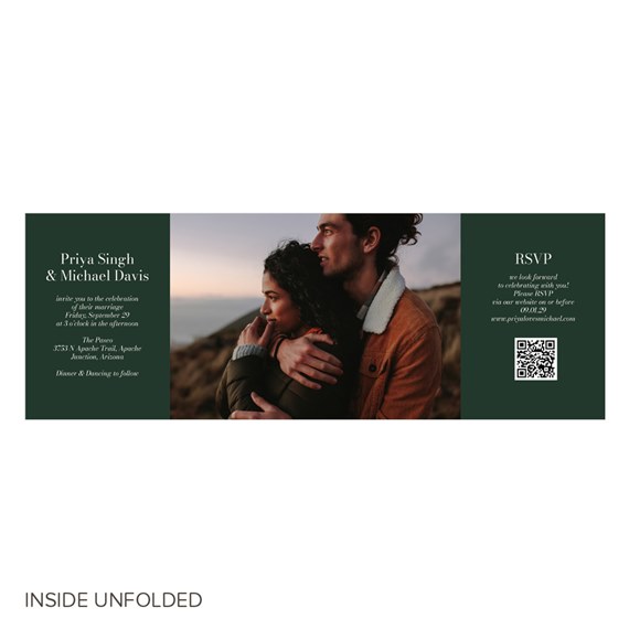 invitation with photo placeholder, RSVP section, dark green background