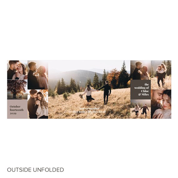 wedding invitation with photo placeholders, scenic background, text areas