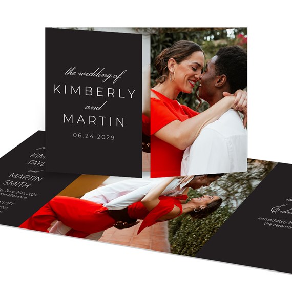 black wedding invitation with photo placeholders