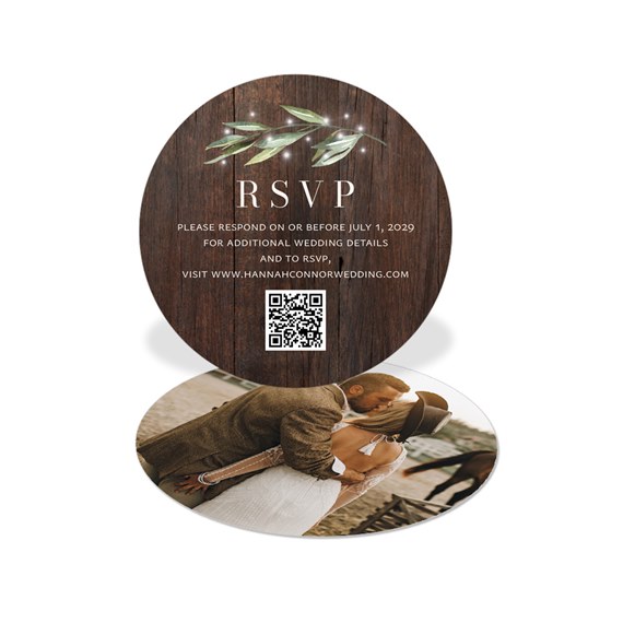 round RSVP card with wood background and photo placeholder