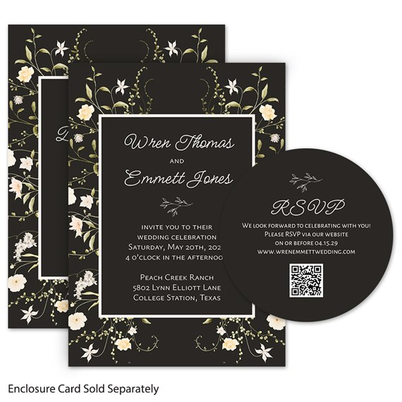 black wedding invitation with wildflower design and RSVP card