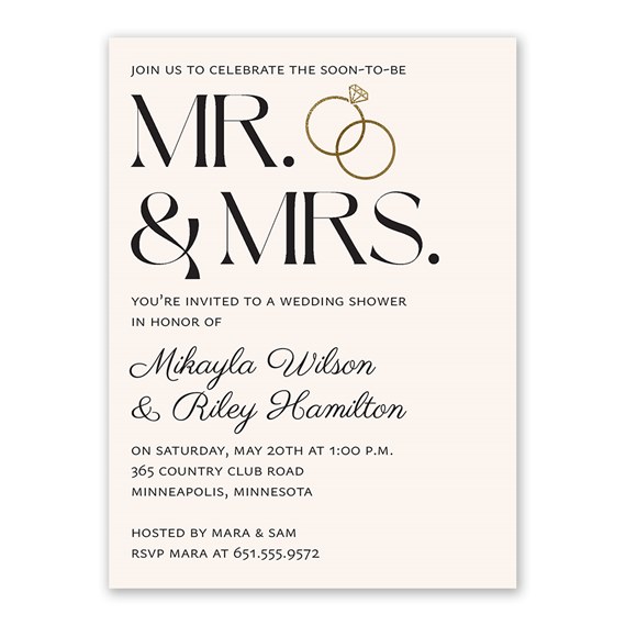 wedding shower invitation with decorative text and rings