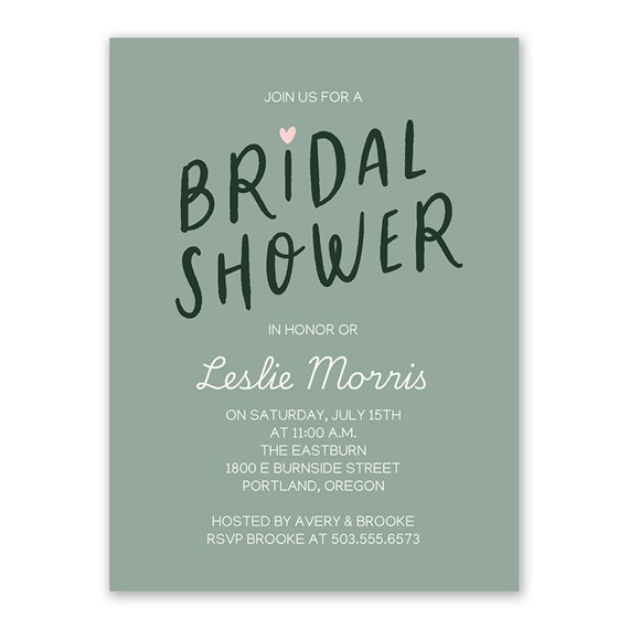 bridal shower invitation with decorative text and heart