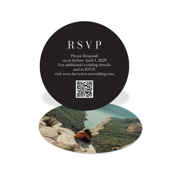 circular rsvp card with black top and scenic photo area