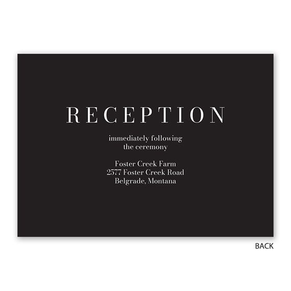 black reception invitation card with white text