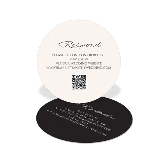 round RSVP card with cream and black design, QR code