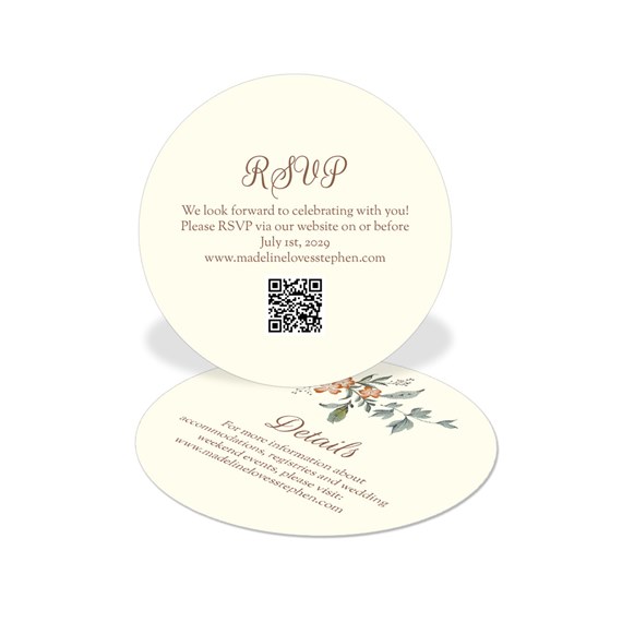 circular RSVP card with floral design and QR code