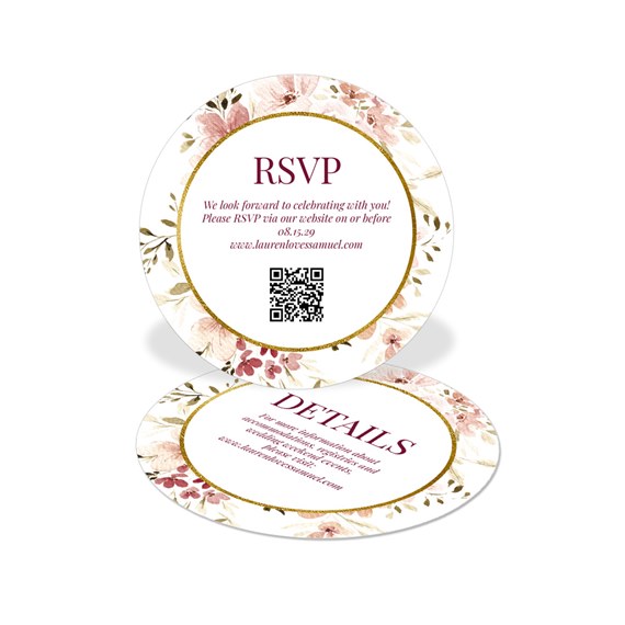 floral RSVP card with circular design, photo placeholder