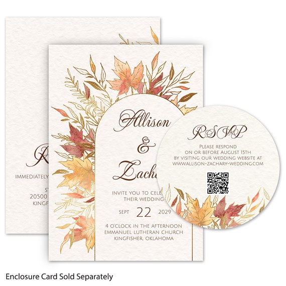 autumn-themed wedding invitation and RSVP card with leaf design