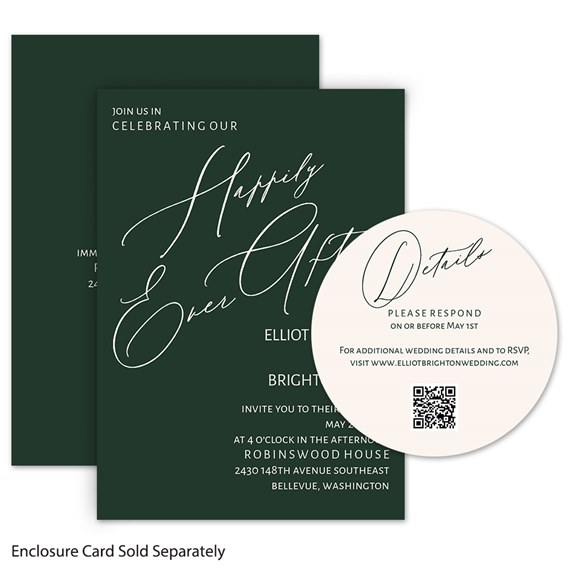 dark green wedding invitation with white text and beige RSVP enclosure