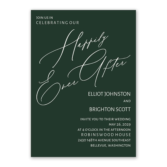 wedding invitation with dark green background and white script text
