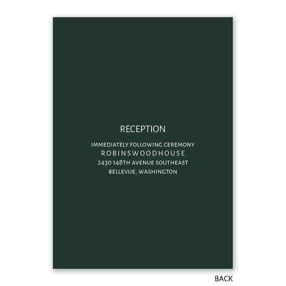 dark green invitation with reception details and photo area