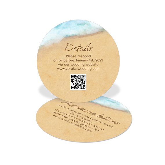 circular RSVP card with watercolor accents and QR code