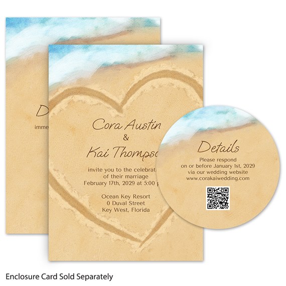beach-themed wedding invitation with heart design and circular details card
