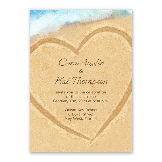 beach-themed wedding invitation with heart design and customizable text area