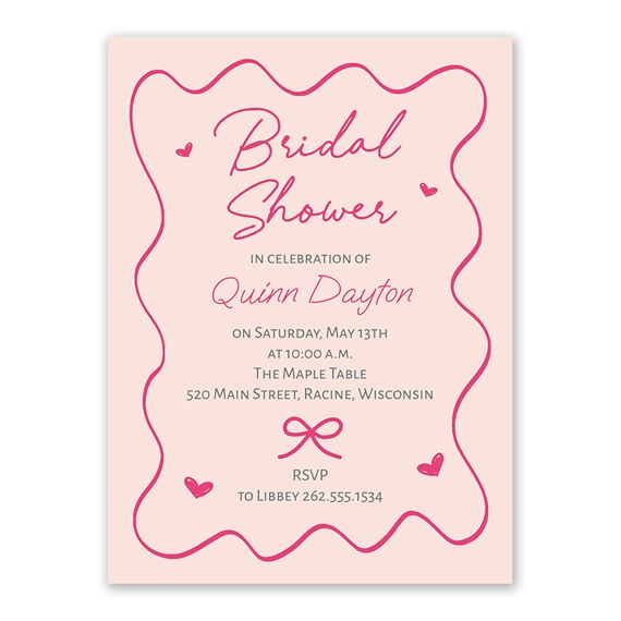 pink bridal shower invitation with wavy border and decorative hearts