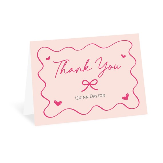 thank you card with hearts and bow design, customizable text area