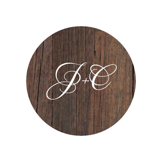 circle envelope seal with wood texture and monogram