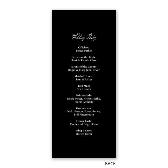 elegant black wedding program with list of wedding party