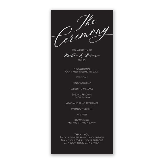 wedding program with black background and white text