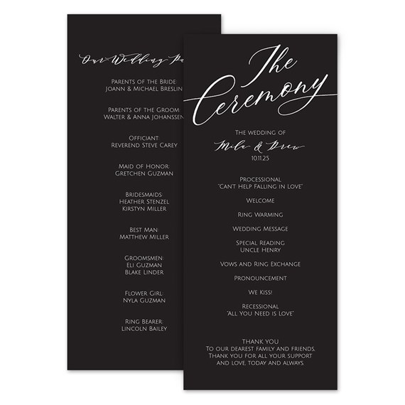 black wedding program with white text, two panels
