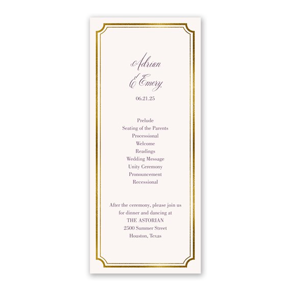 wedding program with gold borders and customizable text area