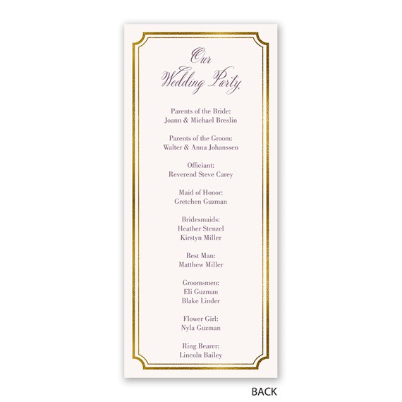 wedding program with gold frame and list of wedding party members
