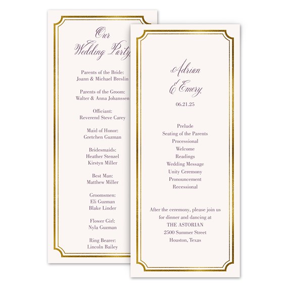 wedding program with gold borders and elegant text