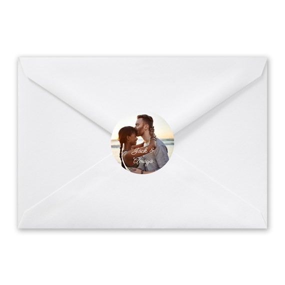 white envelope with photo placeholder and text area