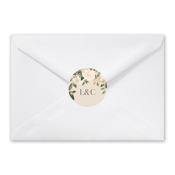 white envelope with floral seal and customizable text area