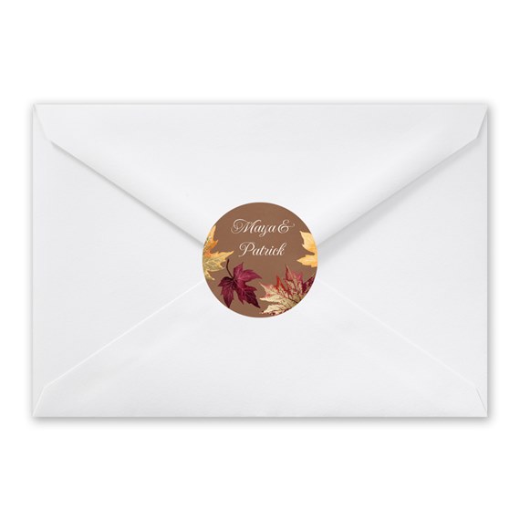 white envelope with autumn leaf seal and customizable text area